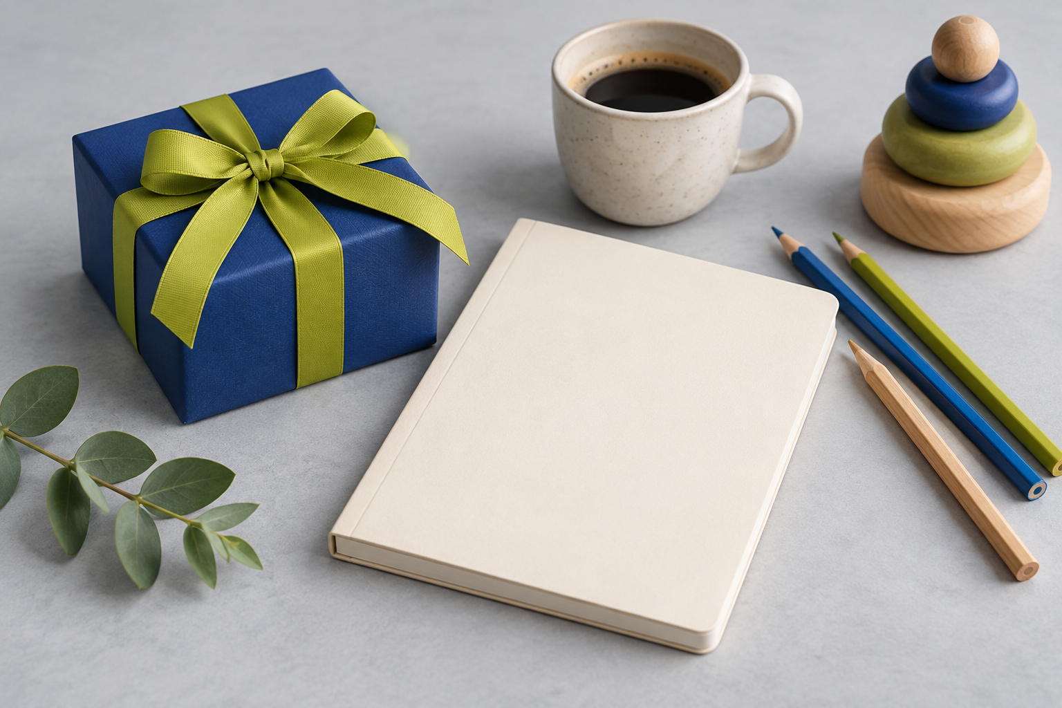 An illustrative blue gift box with a lime ribbon beside art supplies, a notebook, a mug and wooden stacking rings